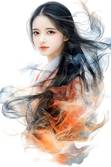 Fototapeta premium A stunning abstract art illustration featuring a beautiful Japanese girl with long flowing black hair, dressed in traditional attire and exuding grace and elegance.