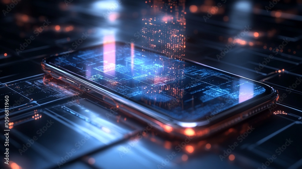 Poster digital data streams onto a smartphone screen, futuristic technology concept.