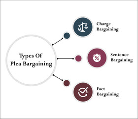 Three types of plea bargaining - charge bargaining, sentence bargaining, fact bargaining. Infographic template with icons and description placeholder