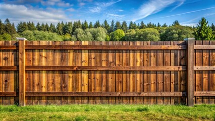 Fototapeta premium A Sturdy Wooden Fence with a Green Grassy Field in the Foreground and a Line of Trees in the Background