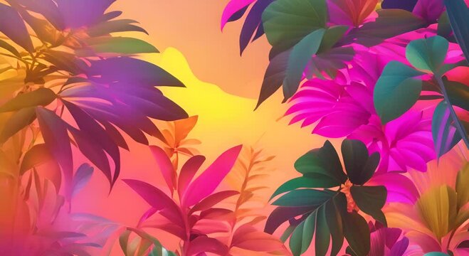 Summer background of tropical plants in rainbow color 4K