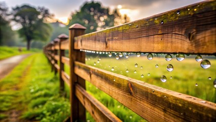 Raindrops cling to the wooden fence after a summer shower, the sun peeking through the clouds and casting a warm glow on the green field beyond.