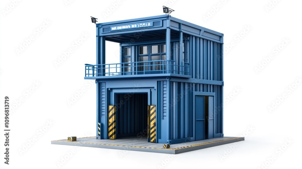 Aufkleber a blue industrial building with a loading dock and observation area.