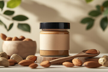 Peanut butter jar mockup natural setting product photography home close-up marketing concept