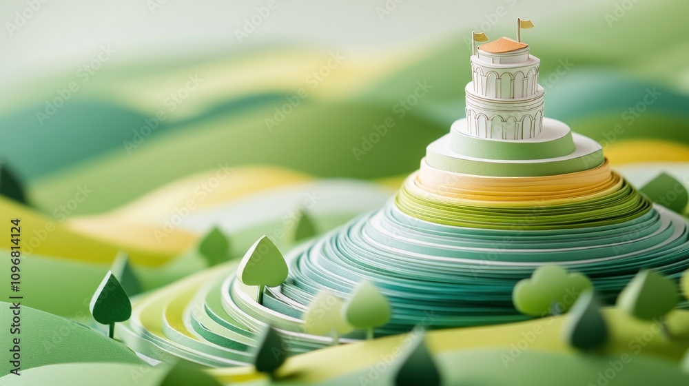 Aufkleber a whimsical paper landscape featuring a hilltop structure surrounded by layered greenery.
