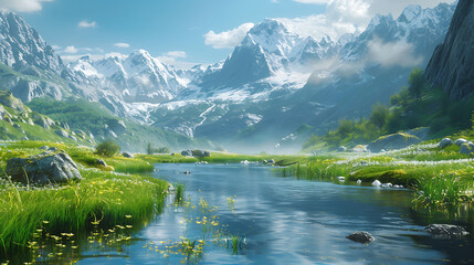 Fototapeta premium A breathtaking 3D hero image of a serene nature landscape featuring lush greenery, tranquil waters, and majestic mountains, symbolizing peace and natural beauty. 