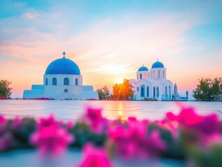 Obraz premium Vibrant sunset over Santorinis iconic bluedomed churches, shimmering in watercolor hues, soft reflections on the Aegean Sea