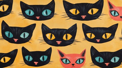 A Charming Collection of Feline Faces: A Playful Pattern of Black and Orange Cats