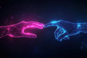 Two glowing hands reaching towards each other, surrounded by flowing digital lines, abstract dark background, neon blue and pink light, futuristic, 3D style