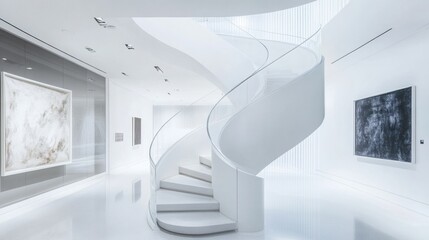 Obraz premium a spiral staircase in a modern gallery, sleek white walls and glass railings, illuminated by bright
