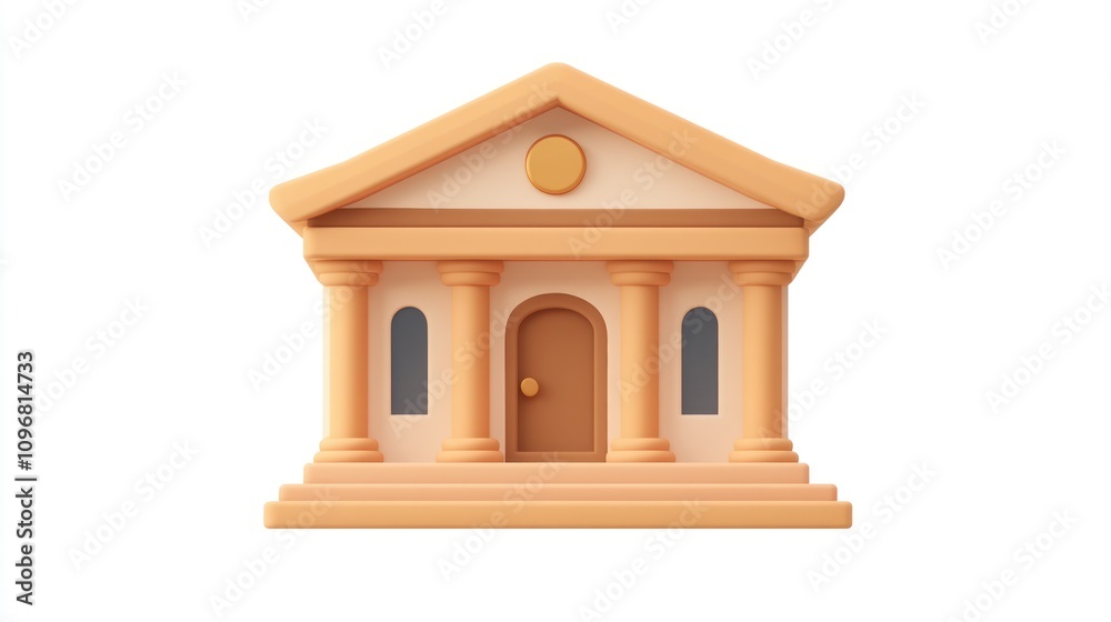 Poster A stylized representation of a classical building with columns and a central door.