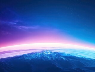 The horizon seen from a mountain ridge, side view representing expansive awareness, futuristic tone, Vivid