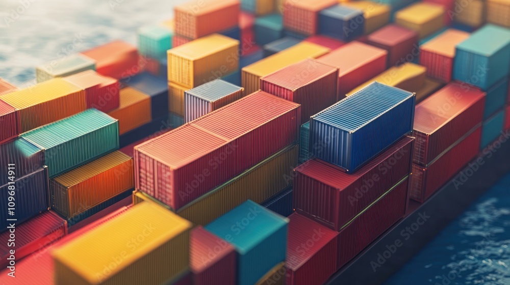 Poster aerial view of colorful shipping containers stacked on a vessel in a port.