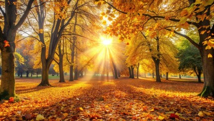 Obraz premium Golden Sunlight Pierces Through Autumn Trees, Casting Long Shadows and Illuminating a Carpet of Fallen Leaves