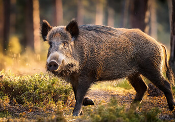 Adult boar in natural habitat forest