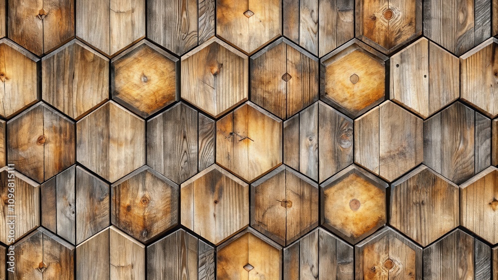 Poster A rustic and geometric pattern of wooden hexagons arranged in a repeating design, showcasing the natural beauty of aged wood.