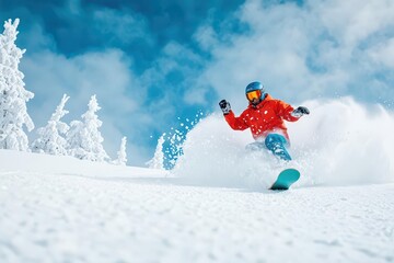 Snowboarder carving through fresh powder on a snowy mountain, wideangle shot capturing the pristine landscape and action