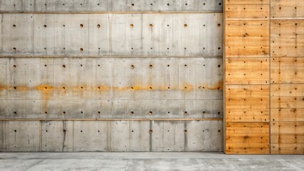 A concrete wall with a wooden panel, featuring a subtle pattern of evenly spaced holes. The texture of both materials creates a visually interesting contrast.