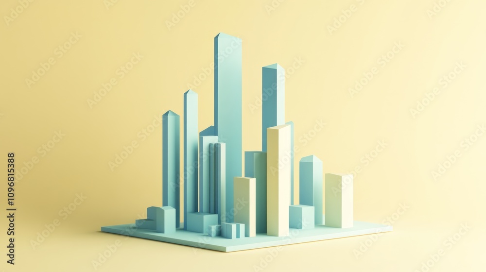 Aufkleber a minimalist 3d cityscape model in soft colors against a light background.
