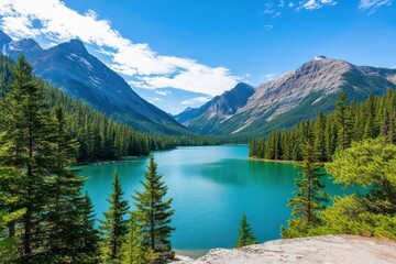 Serene Canadian Rockies, emerald watercolor lakes framed by towering pine trees and majestic peaks