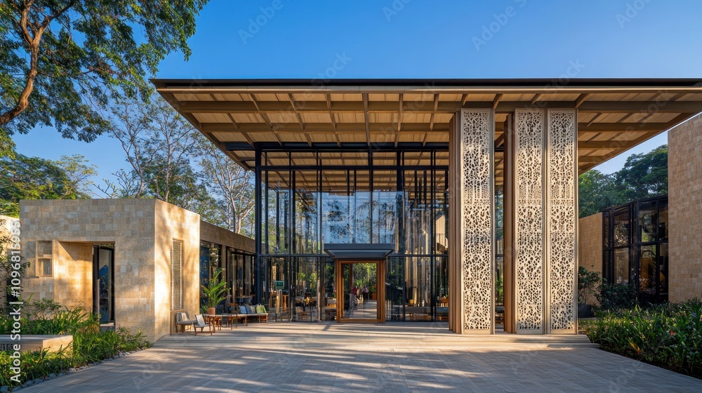 Poster modern architectural building with large glass windows and intricate stonework in a natural setting.