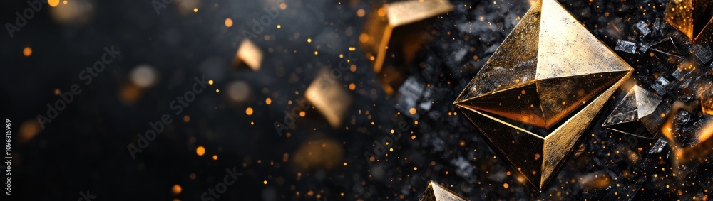 Poster A dynamic composition of golden pyramids amidst dark shards and sparkles, symbolizing innovation.