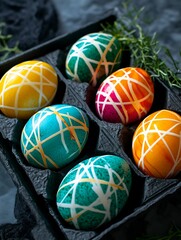 Vertical image. Top view easter colorful eggs. Modern creative style. Happy Easter concept.For design, banner, poster, menu, print, poster, interior, flyer