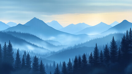 Fototapeta premium Misty Mountain Range Landscape. Concept of serenity, tranquility, and nature.