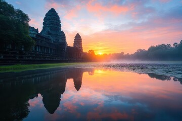 Fototapeta premium Mystical Angkor Wat at dawn, watercolor sunrise reflecting in ancient lotusfilled ponds, intricate carvings