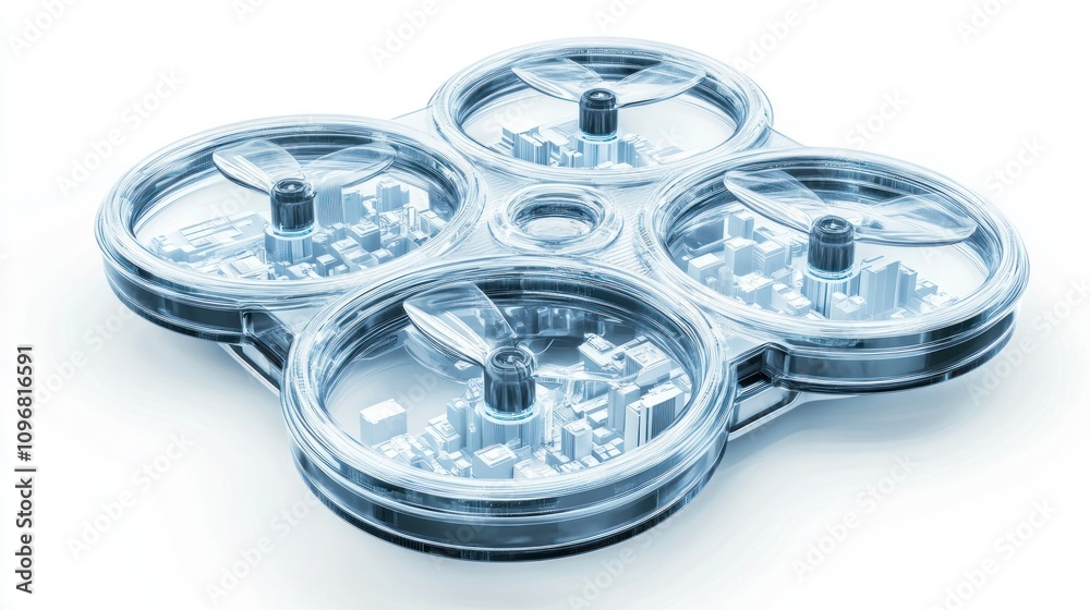 Poster a transparent drone hovering over a cityscape, showcasing advanced technology and design.