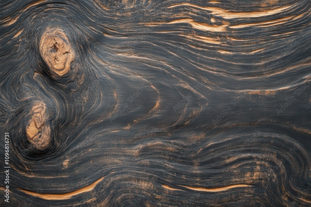 Poster a close-up of a beautifully textured dark wood surface, featuring intricate patterns and lighter swi