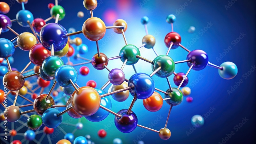 Aufkleber a vibrant and intricate molecular model with colorful spheres interconnected by slender metallic bon