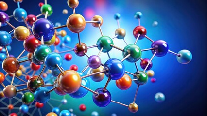 Obraz premium A vibrant and intricate molecular model with colorful spheres interconnected by slender metallic bonds, representing the fundamental building blocks of matter.