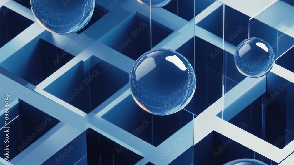 Poster Abstract design featuring spheres in a grid-like structure with a blue color scheme.
