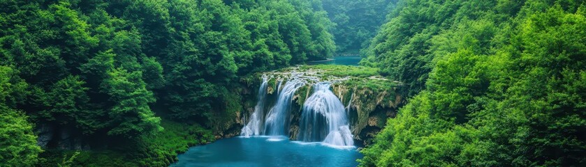 Fototapeta premium Hidden waterfall surrounded by greenery front view of a majestic waterfall hidden deep in a forest with clear blue pools below evoking sense of discovery adventure fantasy tone ana