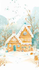 Whimsical Gingerbread Cottage in Winter Wonderland, festive charm, holiday magic, greeting card idea, storybook illustration, home decor art, Christmas and New Year poster