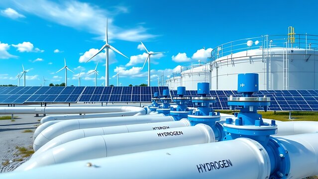 Hydrogen pipeline of energy sector towards to ecology, carbon credit, Clean Energy, secure,carbon neutral, transformation, solar, power plant and energy sources balance to replace natural gas.