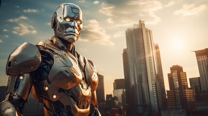 A silver robot cyborg standing tall against a modern cityscape with copyspace for your text.	