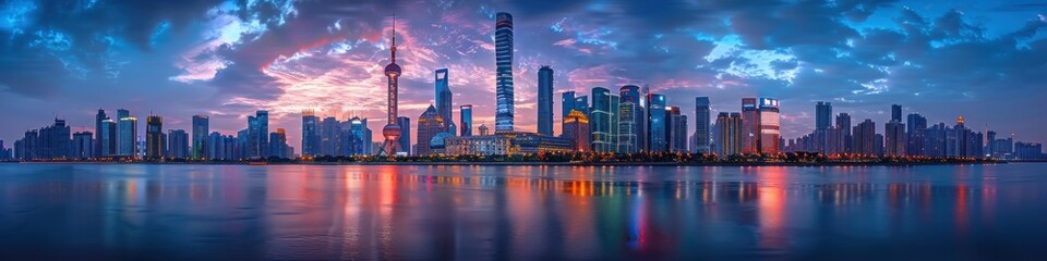 Fototapeta premium Stunning Skyline of Shanghai at Twilight