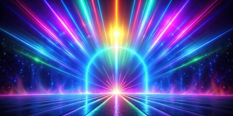 Naklejka premium A Cosmic Gateway of Vibrant Neon Lights Casting a Rainbow Glow on a Reflective Surface
