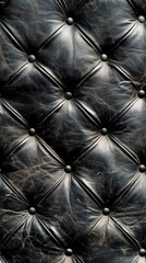 Fototapeta premium Close-up of a worn black leather tufted surface, showcasing intricate stitching and textures.