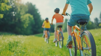 Obraz premium Family riding bikes together on a sunny trail, bright colors, fresh greenery, feeling of adventure and happiness