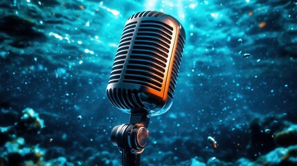 A retro microphone submerged underwater, illuminated by blue light, creating a surreal and artistic...