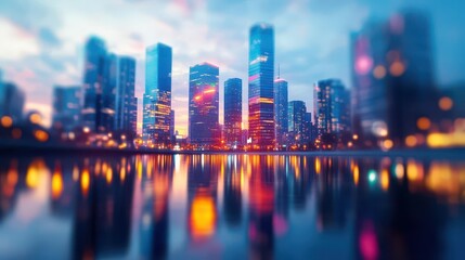 Fototapeta premium Ecofriendly skyscrapers lit up by renewable energy, reflected in a rippling watercolor river at twilight