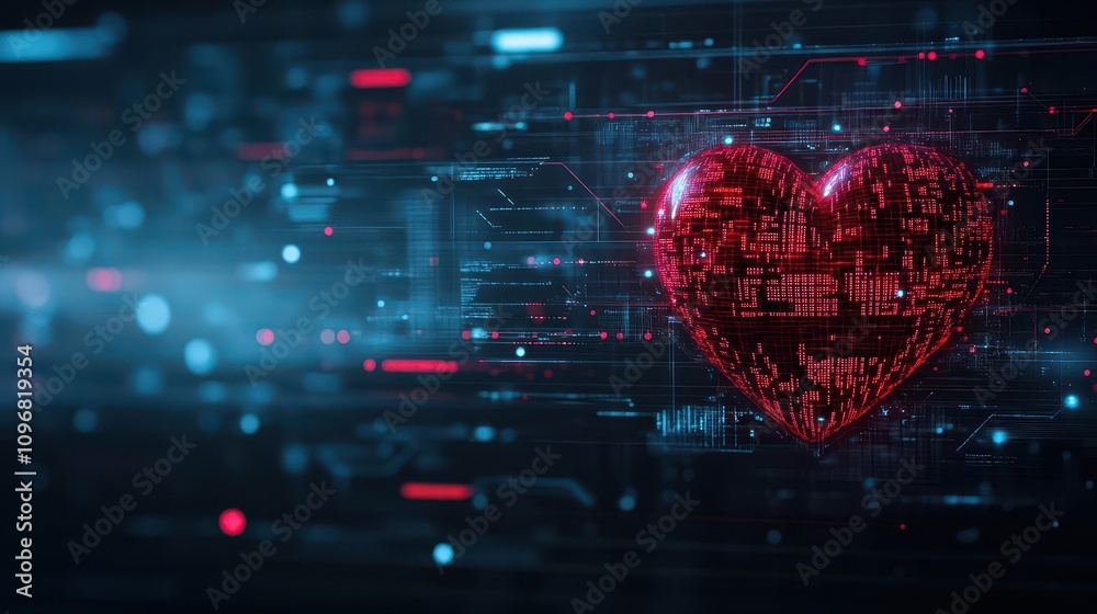 Poster digital hologram of a heart composed of glowing data streams, scifi theme, dark background, 3d rende