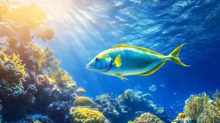 Obraz premium Photo image of a mahi-mahi fish swimming in the bright blue ocean, surrounded by vibrant coral reefs, schools of tropical fish, and a sunny underwater landscape. Vivid Coral Reefs. Illustration