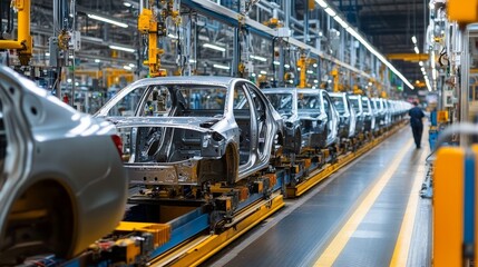 A car assembly line with a worker walking by