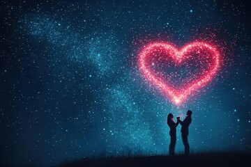 Obraz premium Couple dancing under a starry sky, celestial vibes, glowing constellations forming heart shapes, cosmic theme