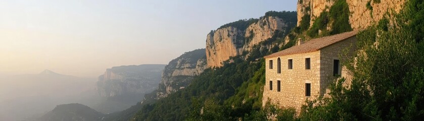 Fototapeta premium A serene view of a stone house nestled in a mountainous landscape during sunset.