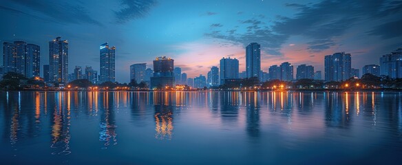 Obraz premium Cityscape at Twilight with a Reflective Lake